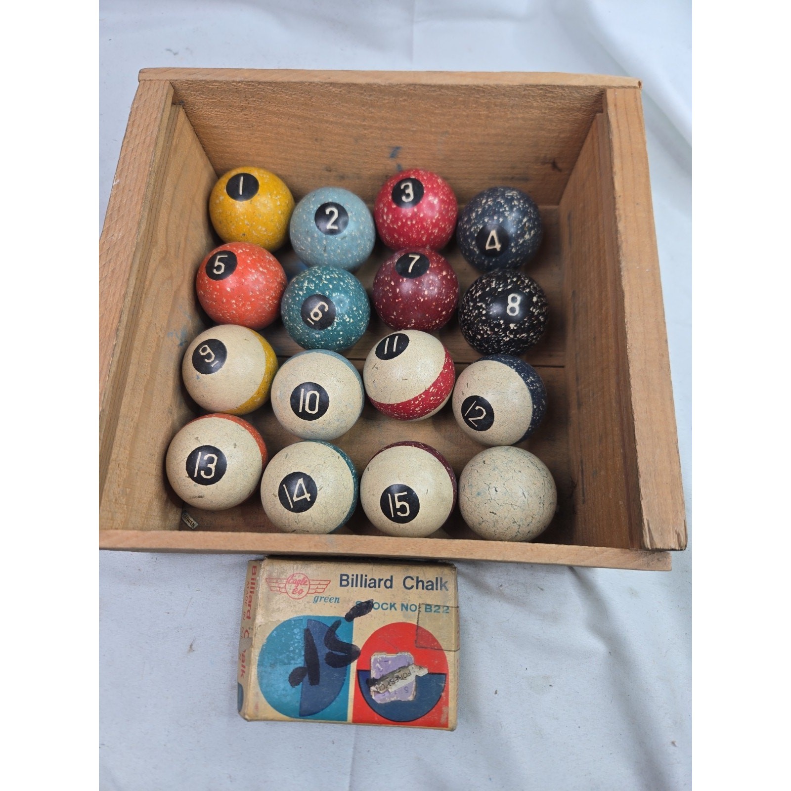 Antique Clay Agate Early Billiard 1 7/8" Pool Ball Set With Cue Ball & Chalk