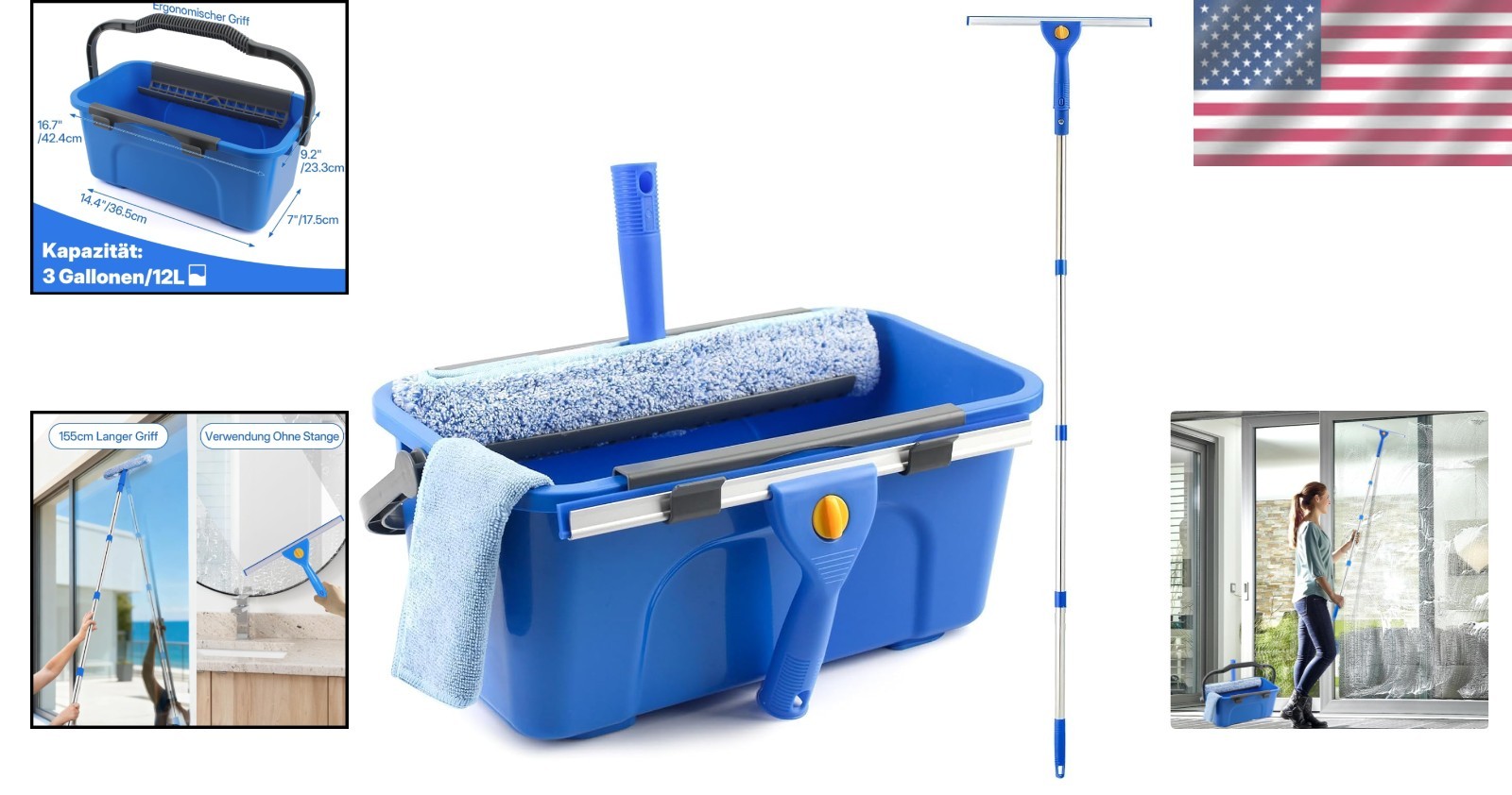 Complete 3 Gallon Window Cleaning Kit - 14" Squeegee, 15" Scrubber & Long Handle