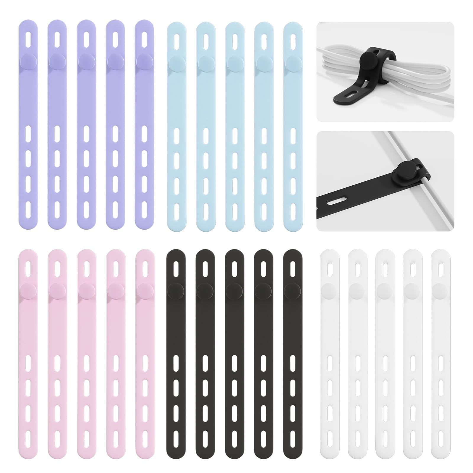 25Pack Silicone Cable Ties,Reusable Cord Organizer for Bundling Colorful