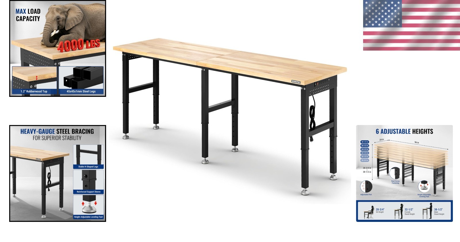 Industrial 96" Adjustable Workbench with Pegboard Organization & Power Access