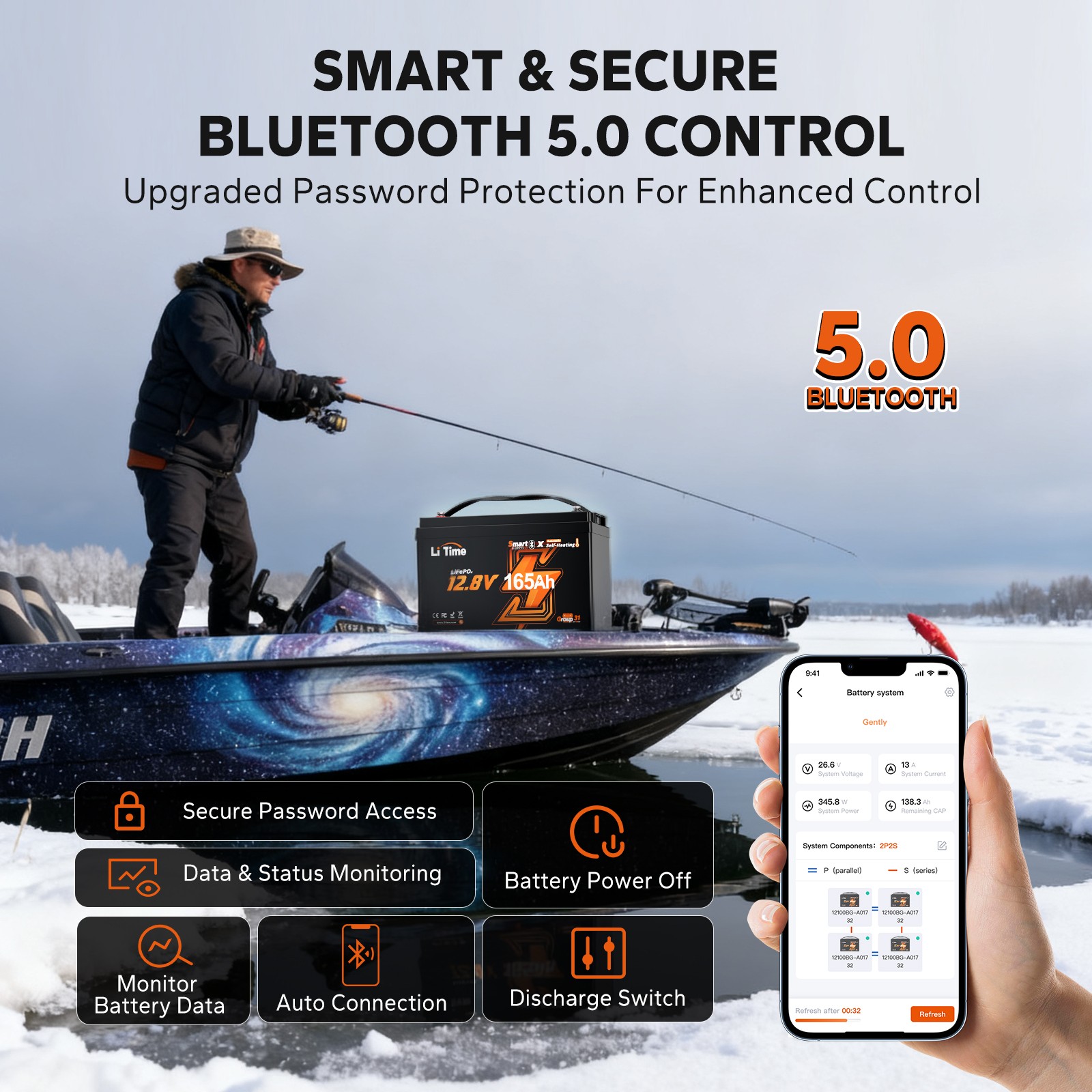 Refurbished LiTime 12V 165Ah Bluetooth Heating Group 31 LiFePO4 Lithium Battery