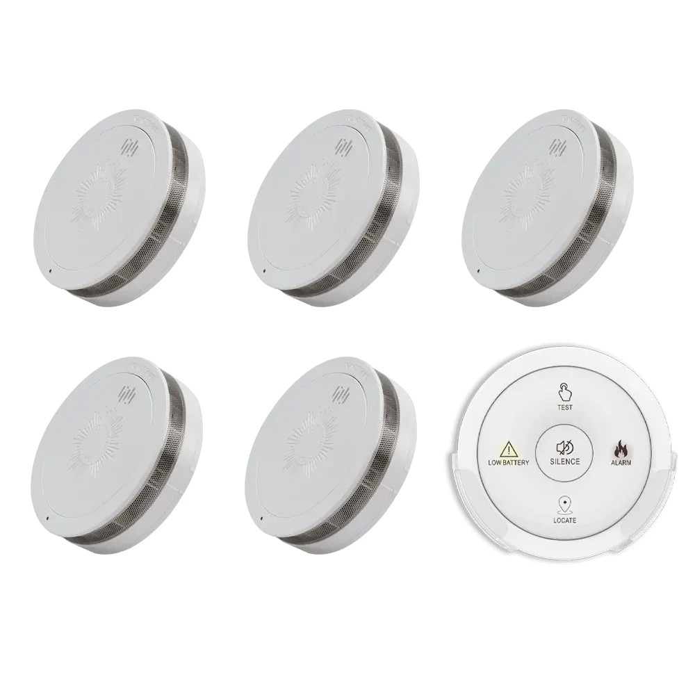 5x Emerald EVO10RF Wireless Interconnected Smoke Alarms w Free Remote - 10 yr