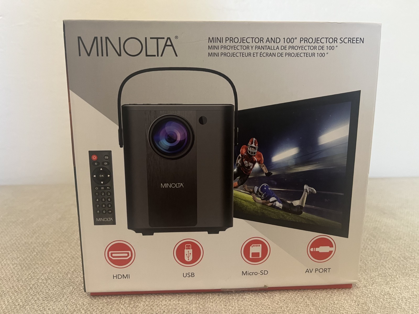 Minolta Mini Projector Bundle 1080P HD w/ 100" Screen, Remote, HDMI/USB/Micro-SD