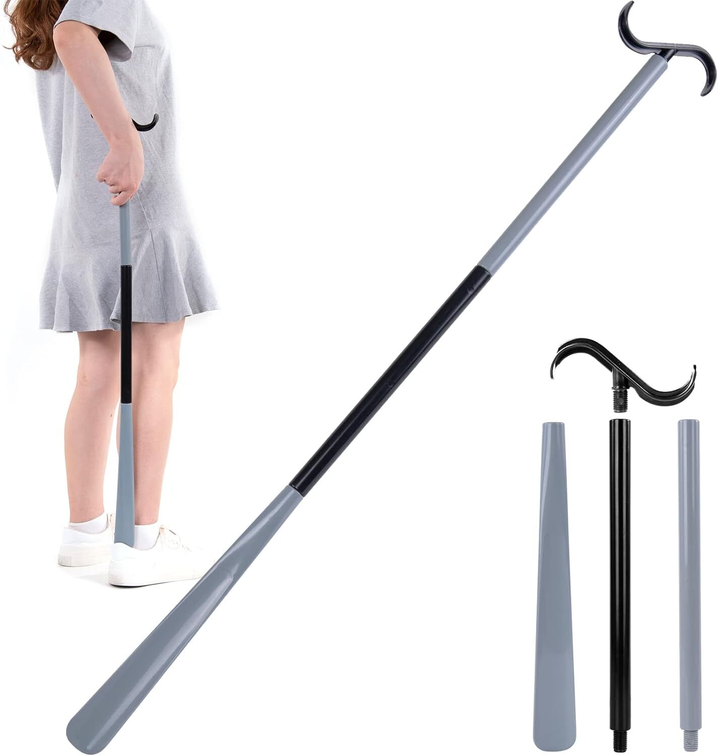 35" Long Dressing Stick With Shoe Horn With Sock Removal Tool, Adjustable Extend