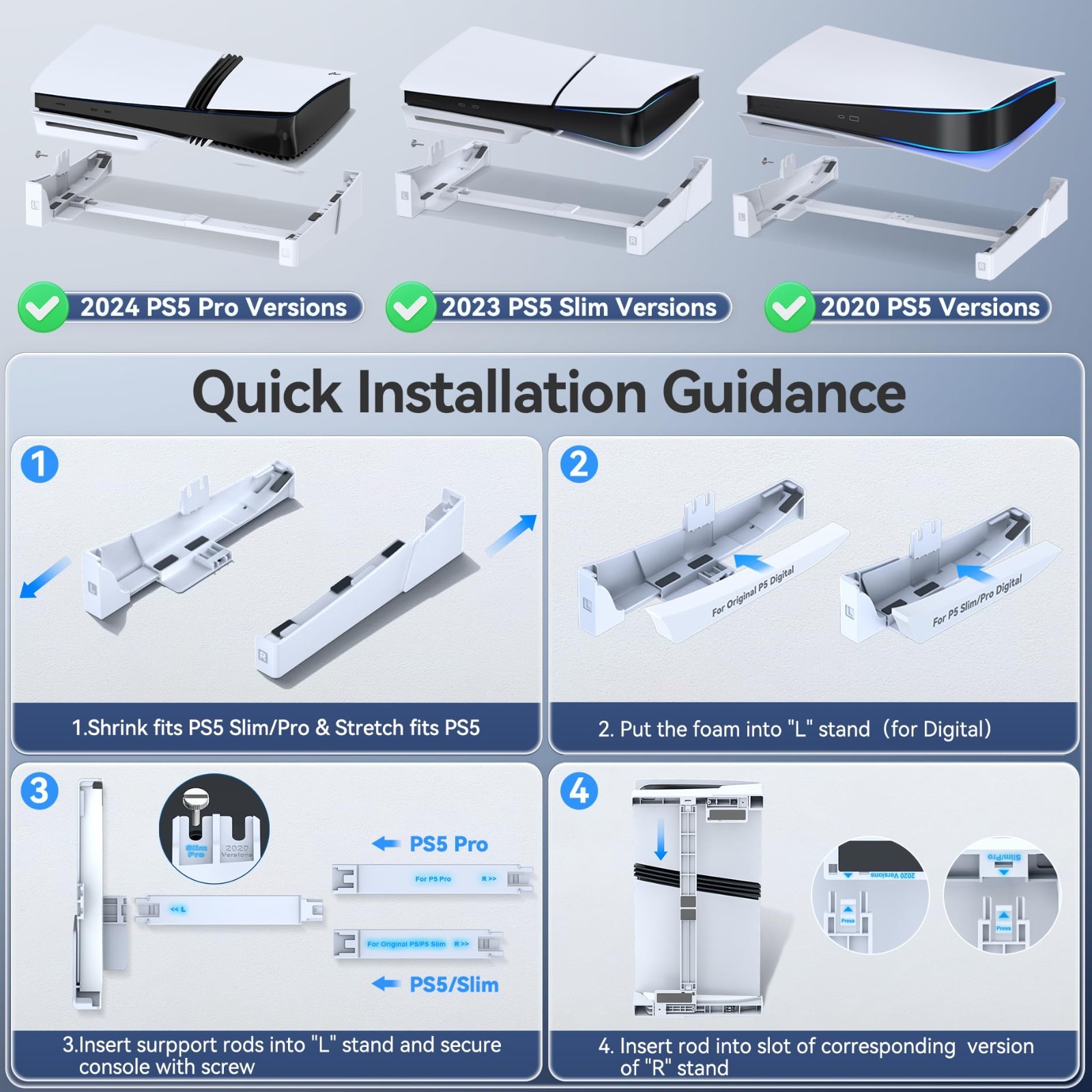 Horizontal Stand for PS5/Slim/Pro - Stable Base with Upgraded Support Rods & Sca