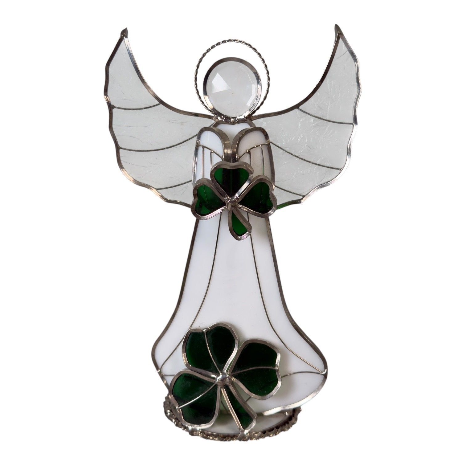Stained Glass Green Clove St Patricks Day Angel Standing Figurine Sun Catcher