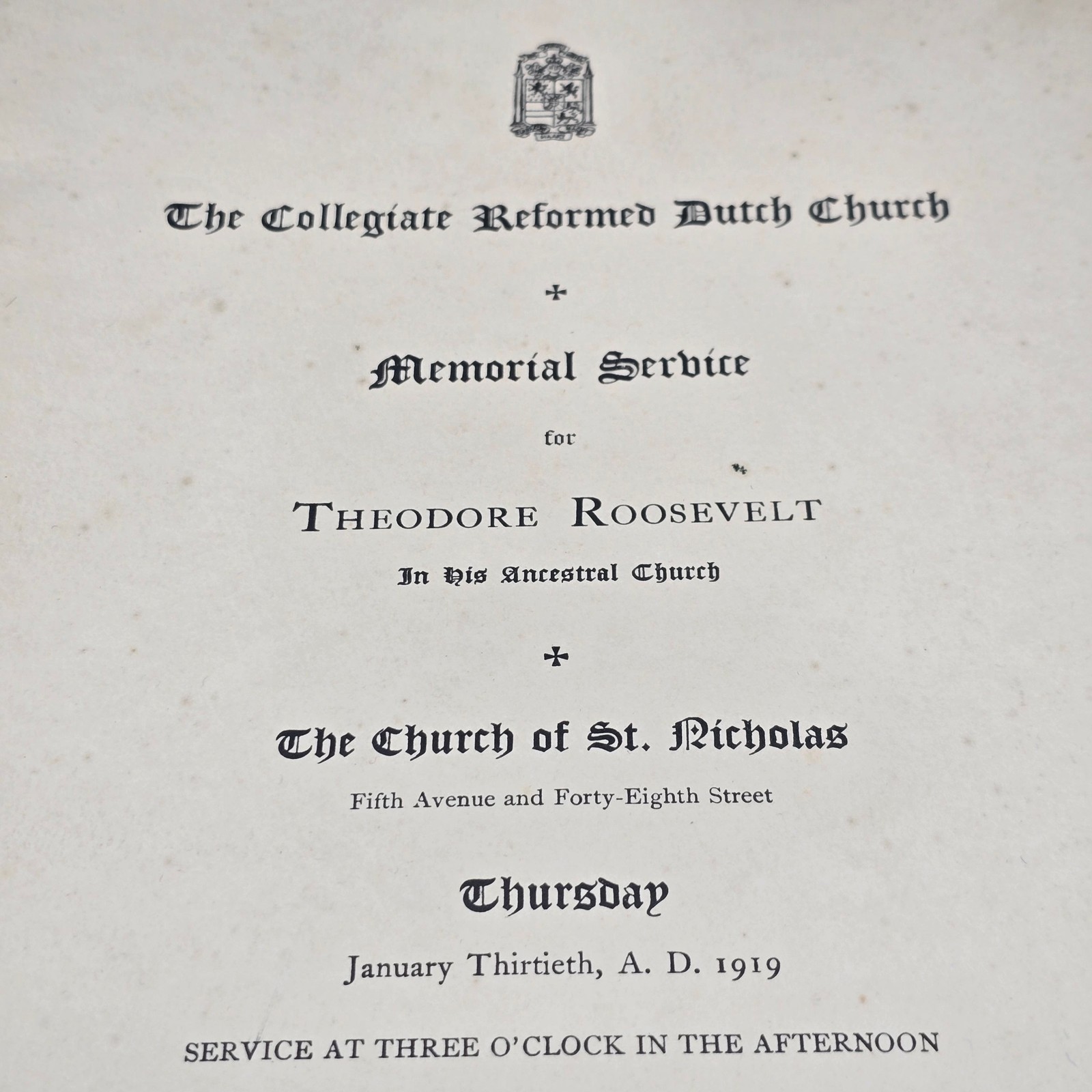 1919 Theodore Roosevelt Memorial Service Program