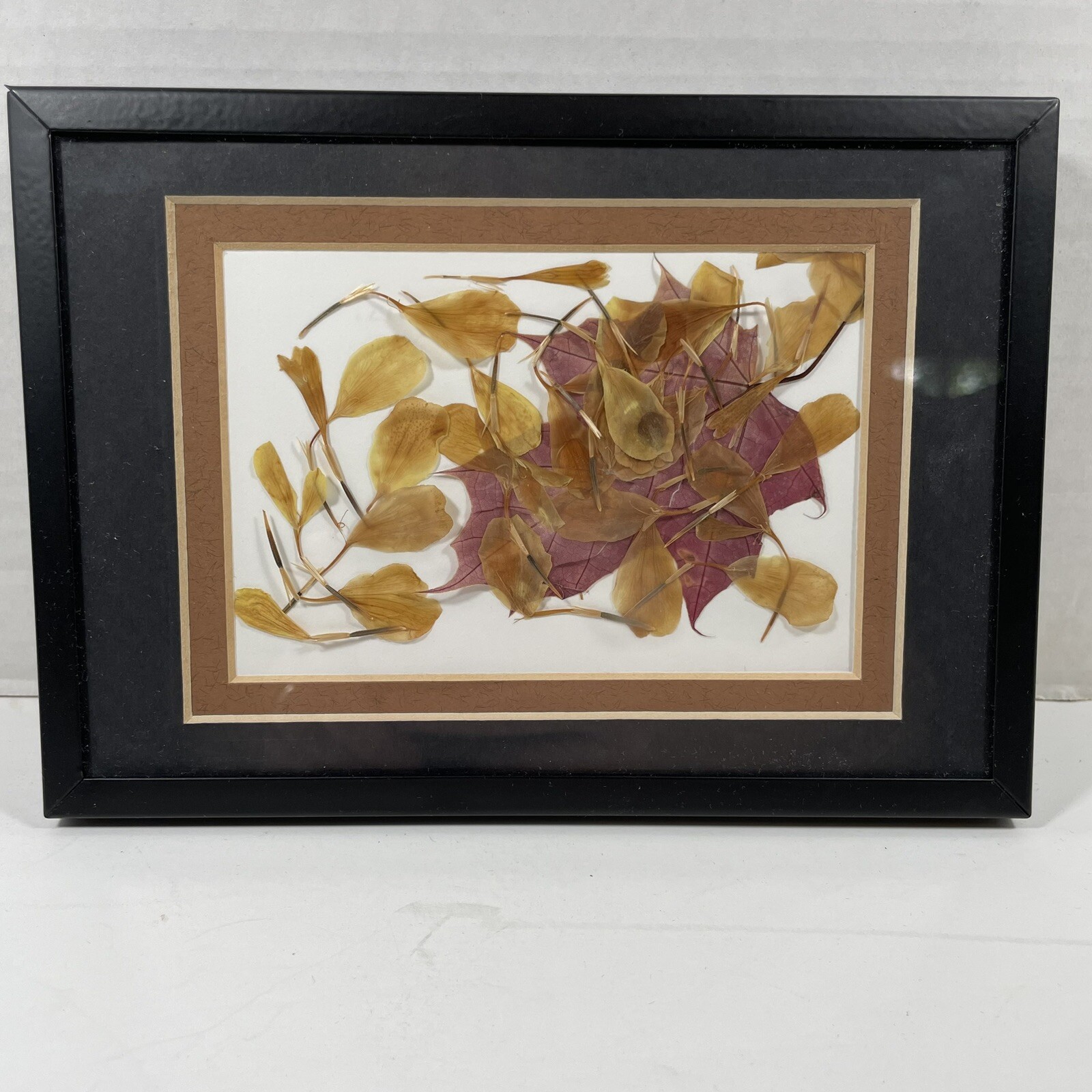 Framed Dried Leaf Collage Purple Yellow Brown Mat Black Frame 5 x 7 Assemblage