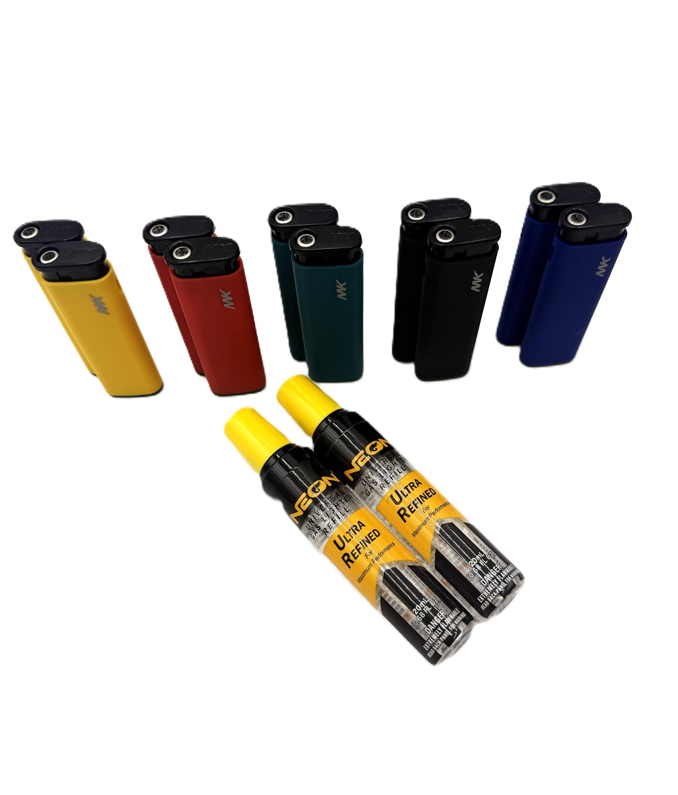 MK Jet Refillable Butane Lighter MultiColor 10 Count+2 Lighter Fluids 20ml each