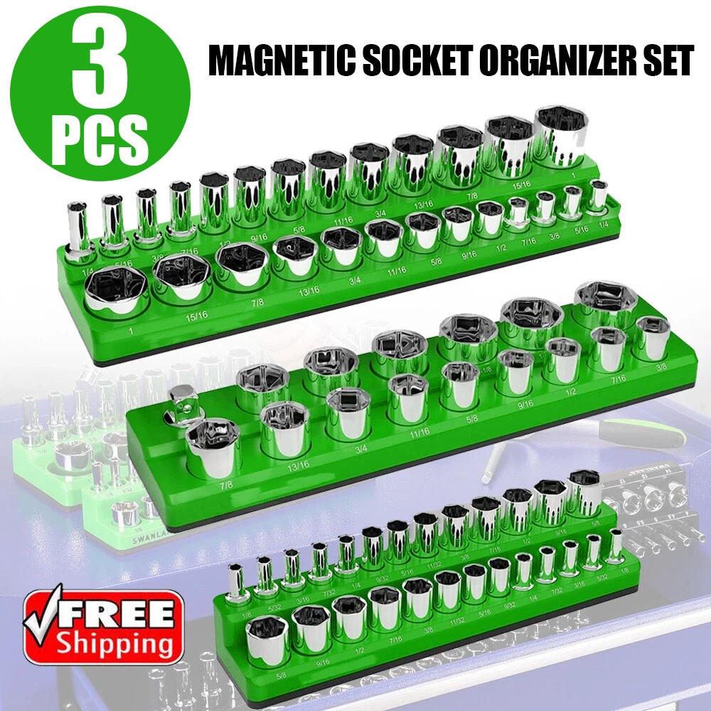 3-Piece SAE 1/2" 3/8" 1/4" Drive Magnetic Socket Organizer Storage Holder Set