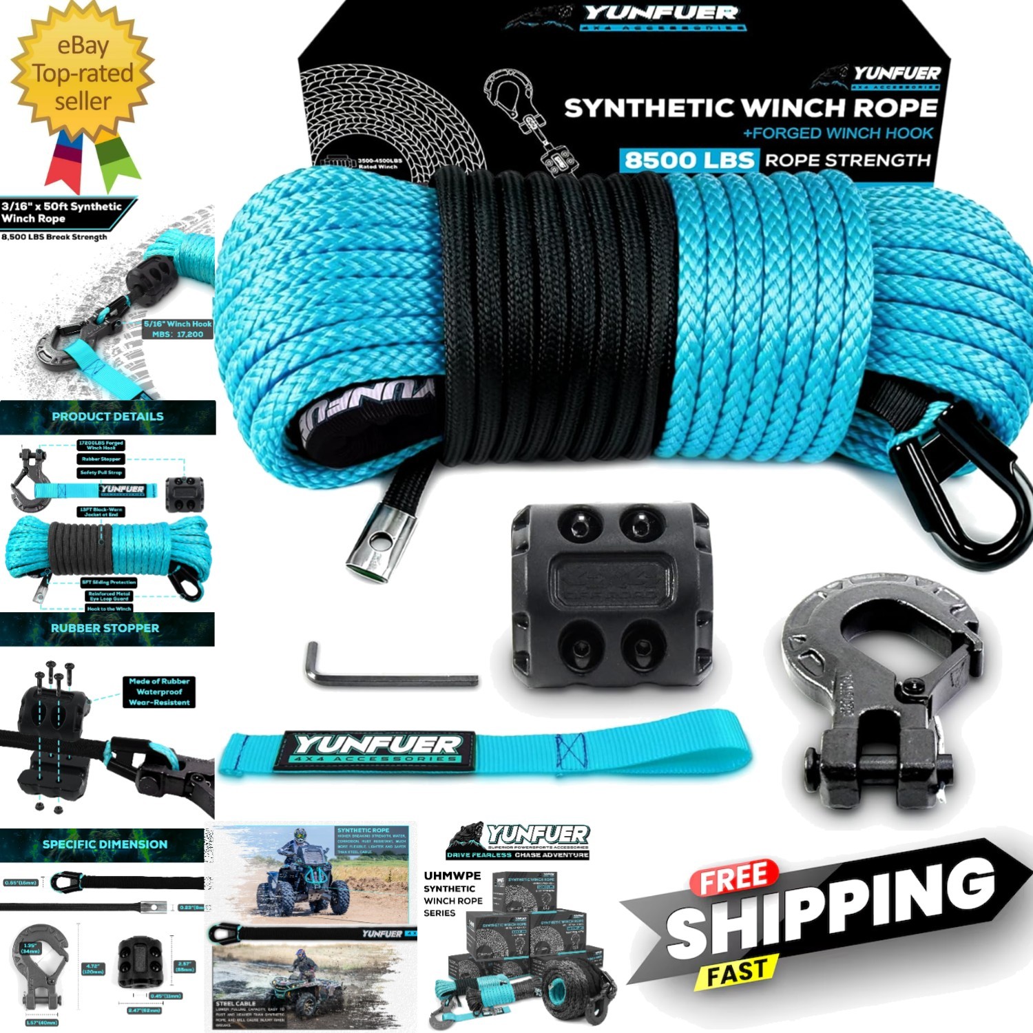 Lightweight 3/16" x 50ft Synthetic Winch Rope with Protective Sleeve - 8500LBS