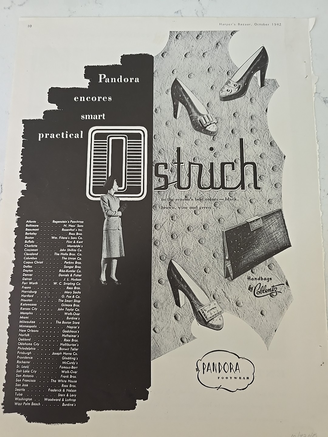 1942 Womens Pandora Ostrich Shoes Coblentz Handbag Vintage fashion ad