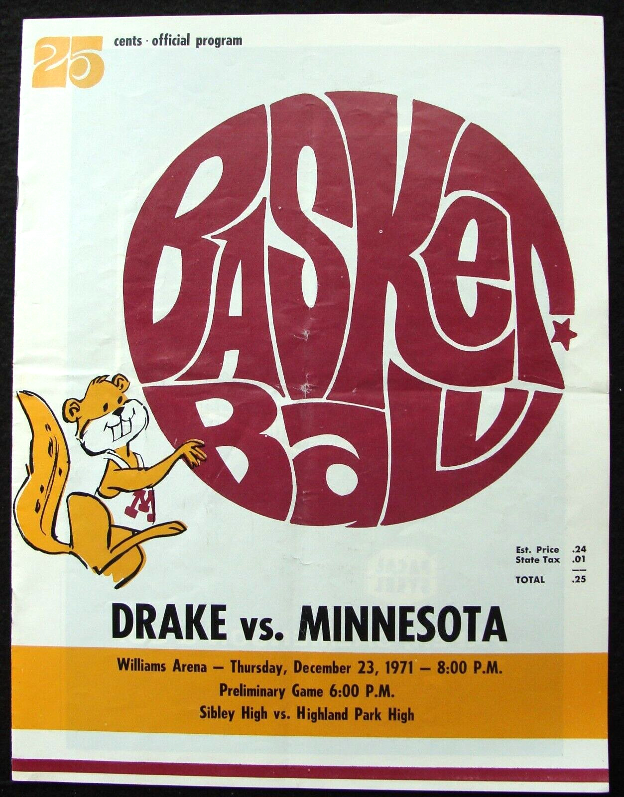 1971 MINNESOTA GOPHERS V. DRAKE BASKETBALL GAME PROGRAM @ WILLIAMS ARENA