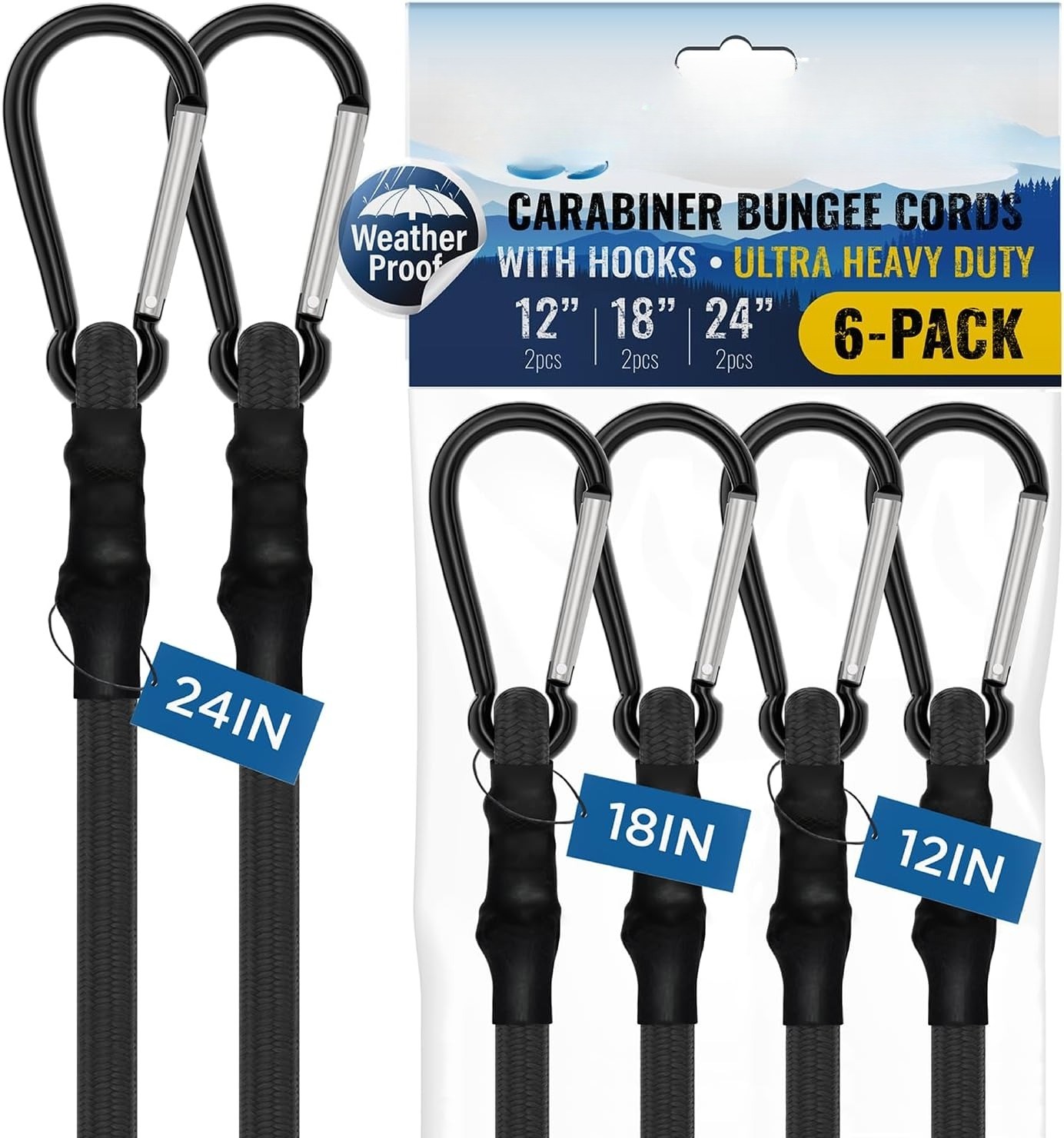 Hooked Carabiner Bounce Cord, Heavy Duty  - 6-Pack (Black)