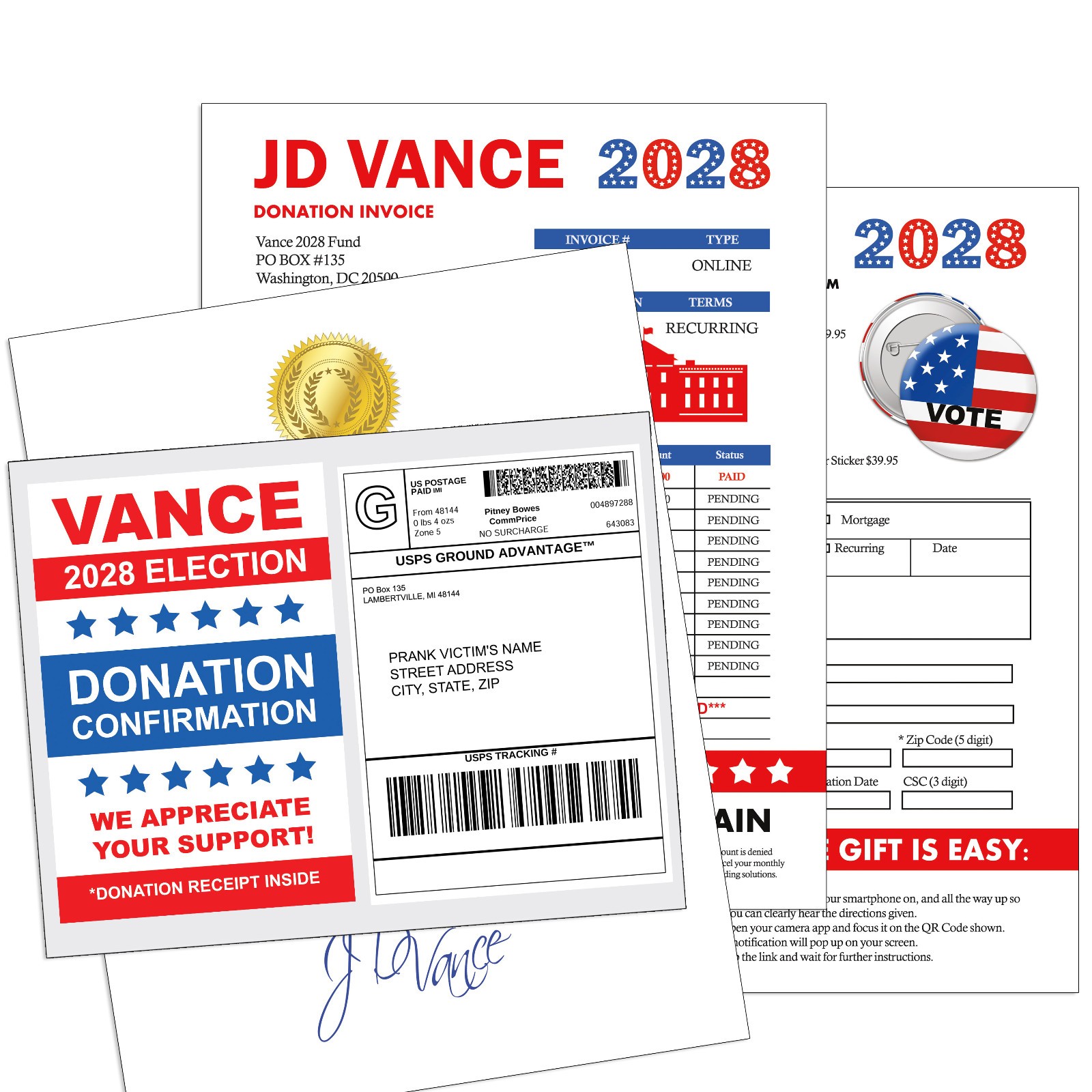 JD Vance 2028 Fake Election Donation Prank Packet Mail Sent Anonymously!