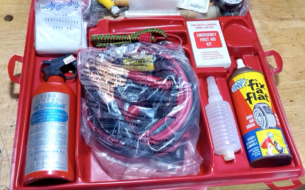 Vintage Auto Mini Trunk Roadside Emergency Car Kit, Vehicle Safety Road Side