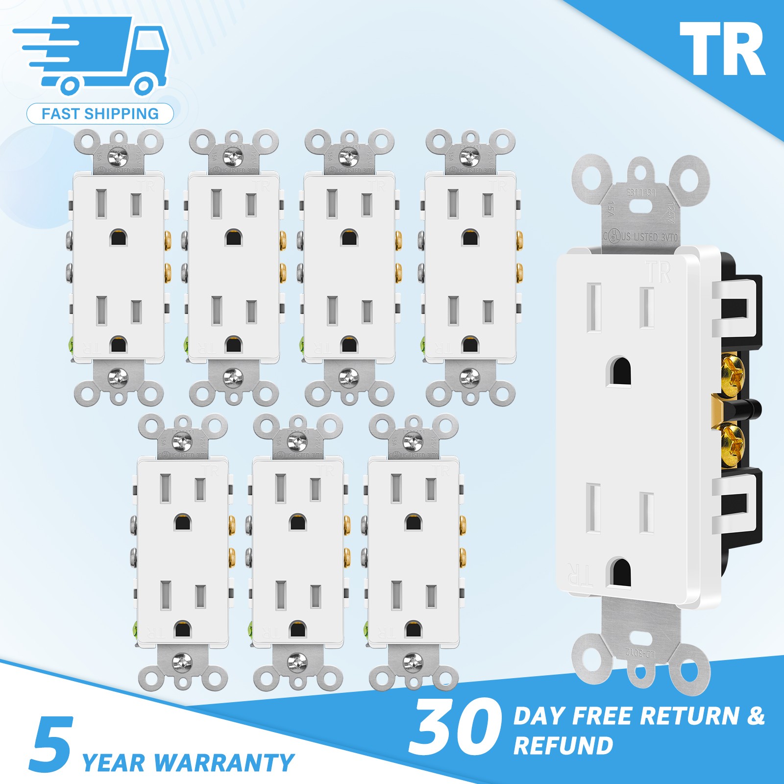 Heavy Duty 15A Outlet 5-15R TR White Self-Grounding Decorator UL/CUL Listed ×8