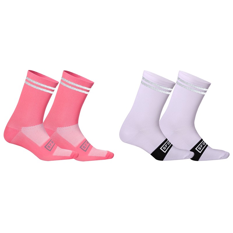 2 Pairs Reflective XC Cycling Riding Bicycle Bike Sports Ankle Socks Pink White
