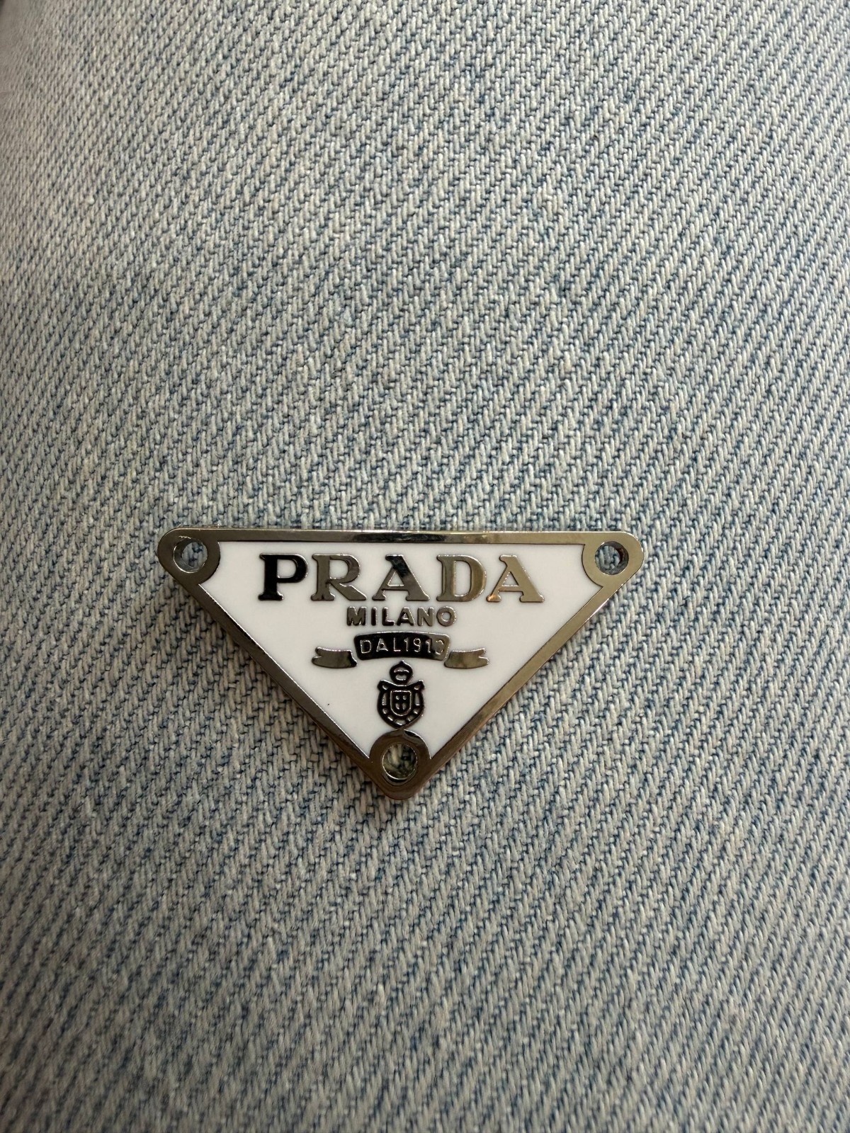 Prada Replacement Triangle Metal White Logo Plate For Repair 1,5"