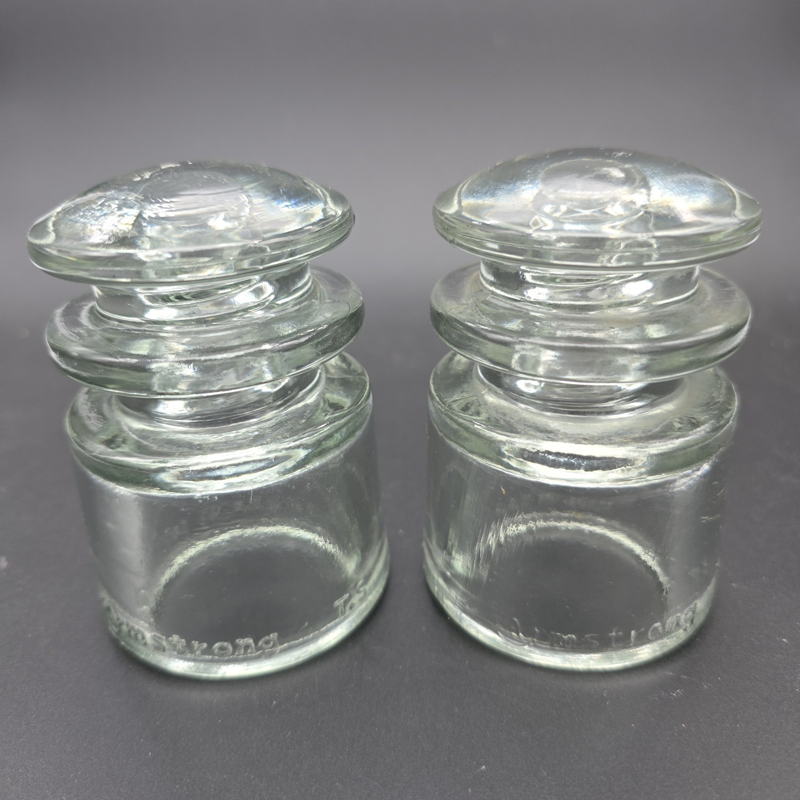 Two (2) Vintage Armstrong T.S. Clear Glass Insulators Double Groove Made in USA