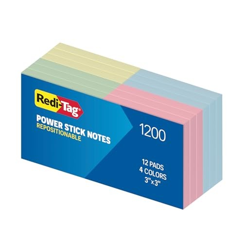 Power Stick Notes, 12 Sticky Note Pads, 3 x 3 inch, Sticky Notes for School,