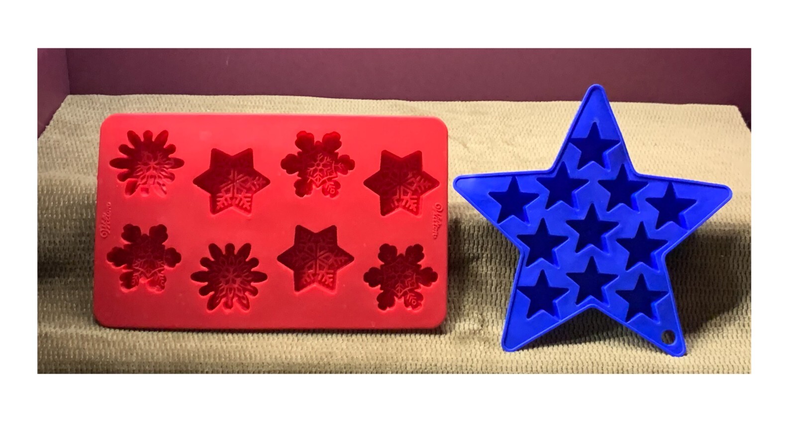 LOT 2 SILICONE ICE CUBE TRAYS RED "WILTON" BRAND & BLUE IS OFF BRAND