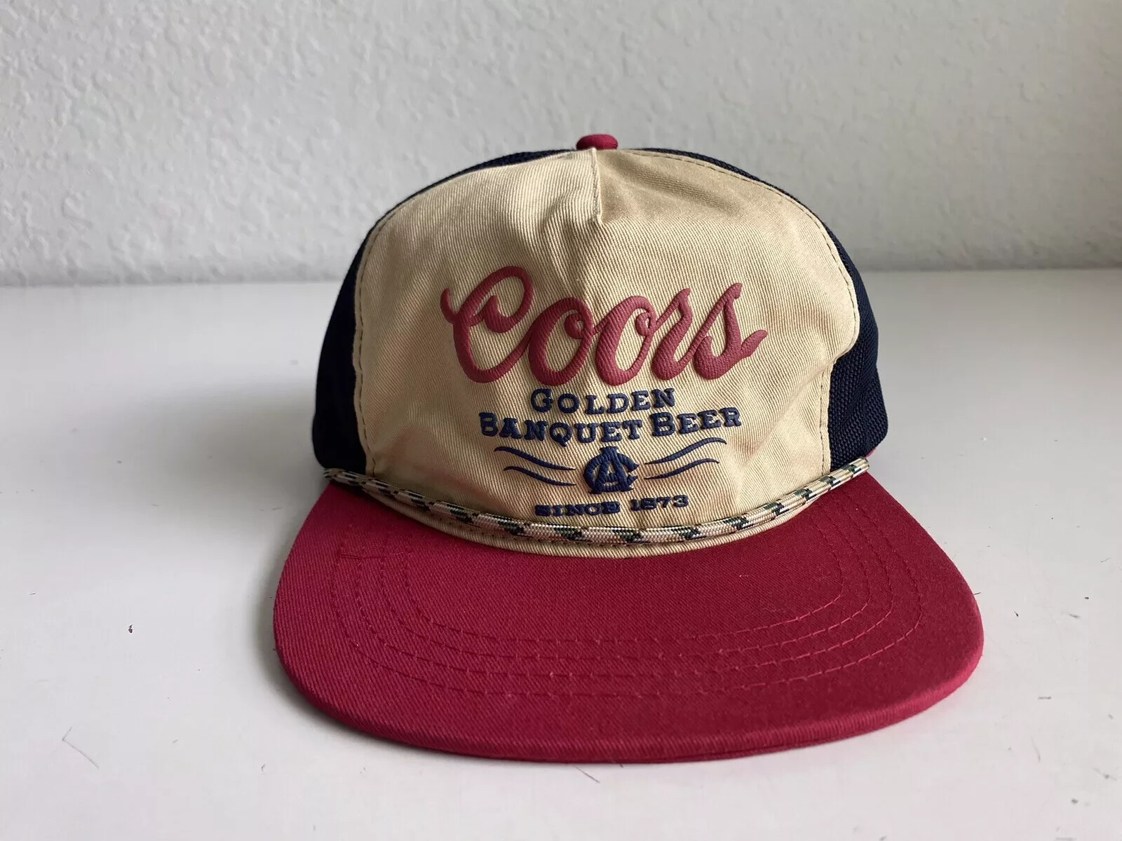 Coors Golden Banquet Beer Twill Rope Hat Tan Blue Red Retro SnapBack ~ New