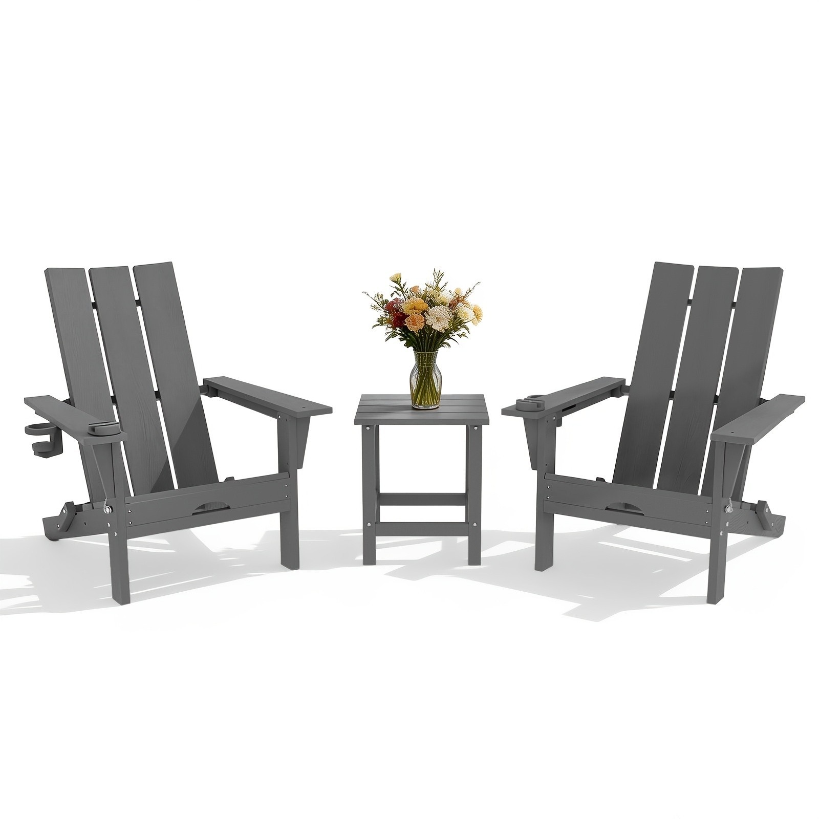 3 PC Folding Adirondack Chairs Set, All-Weather HDPE Outdoor Patio Furniture Set