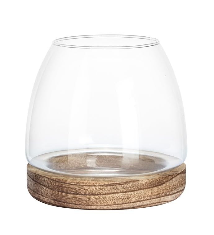 Round Glass Top with Wooden Base Glass and Wood Plant 6 x 3.75 Inch