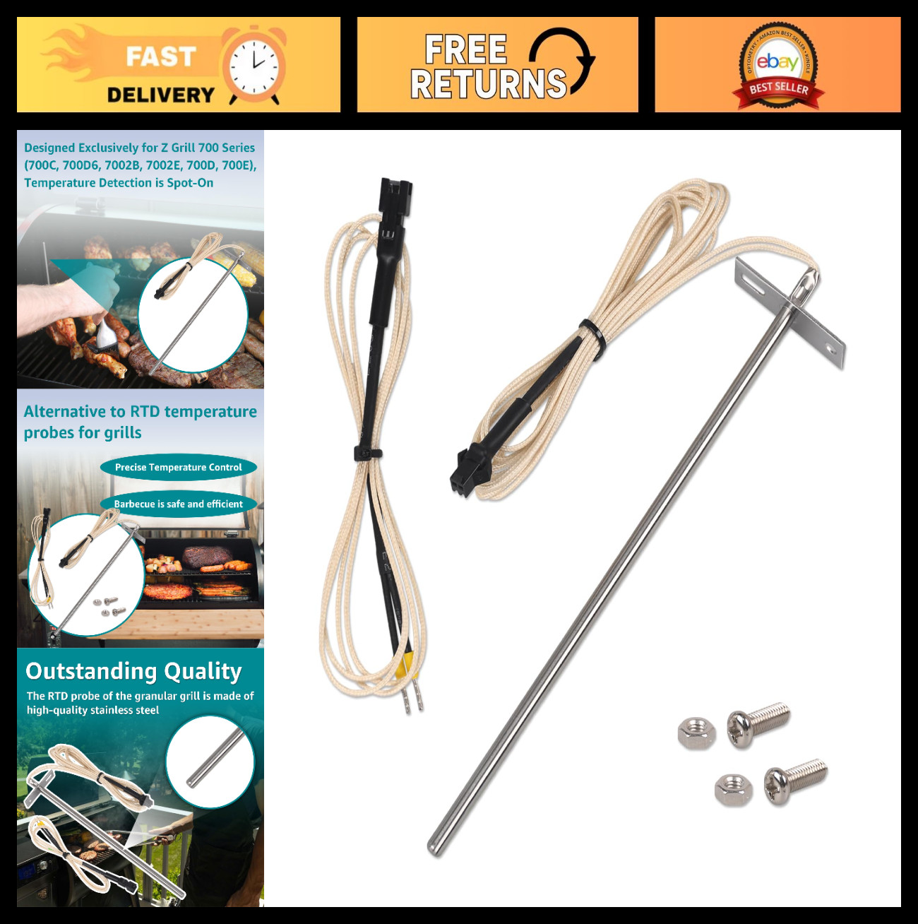 7" RTD Temperature Probe Sensor for Z-Grill 700 Series - Grill Replacement Parts