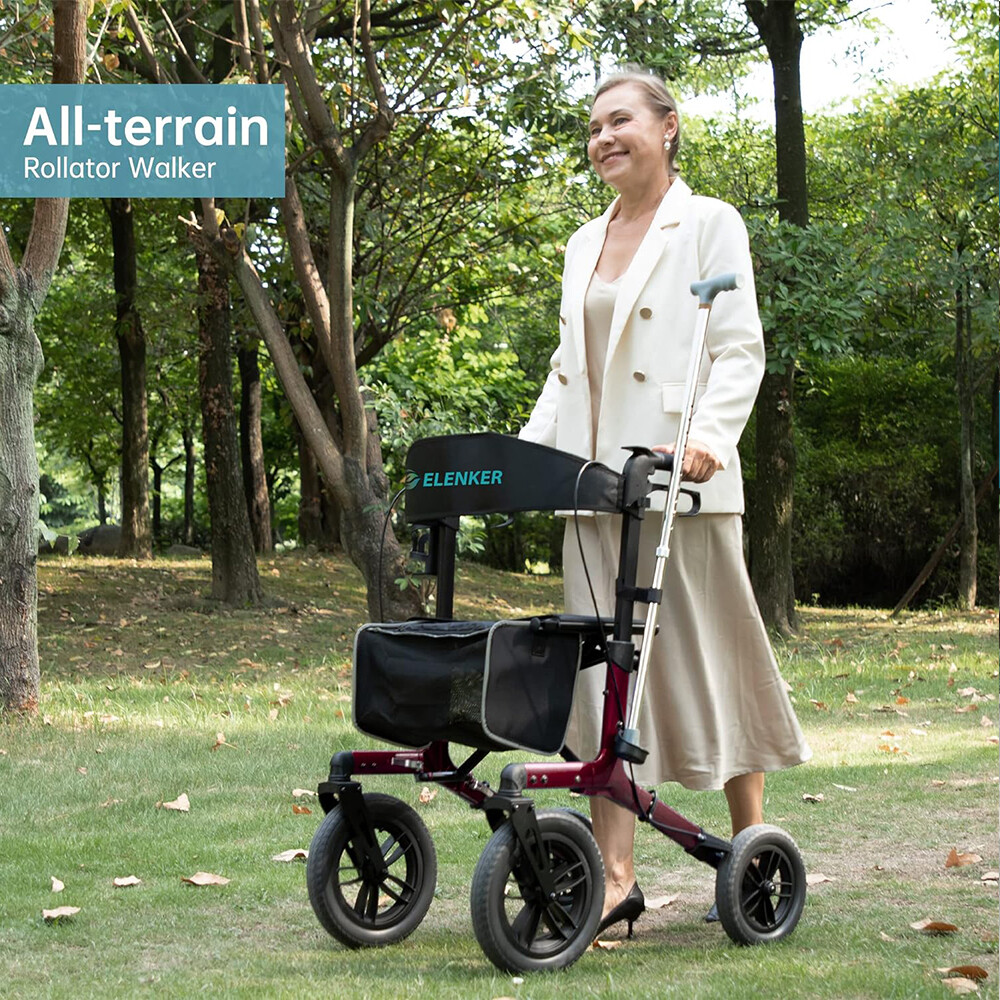 12” Deluxe ELENKER Medical Aid Upright Rollator Walker Stand Up Rolling Mobility