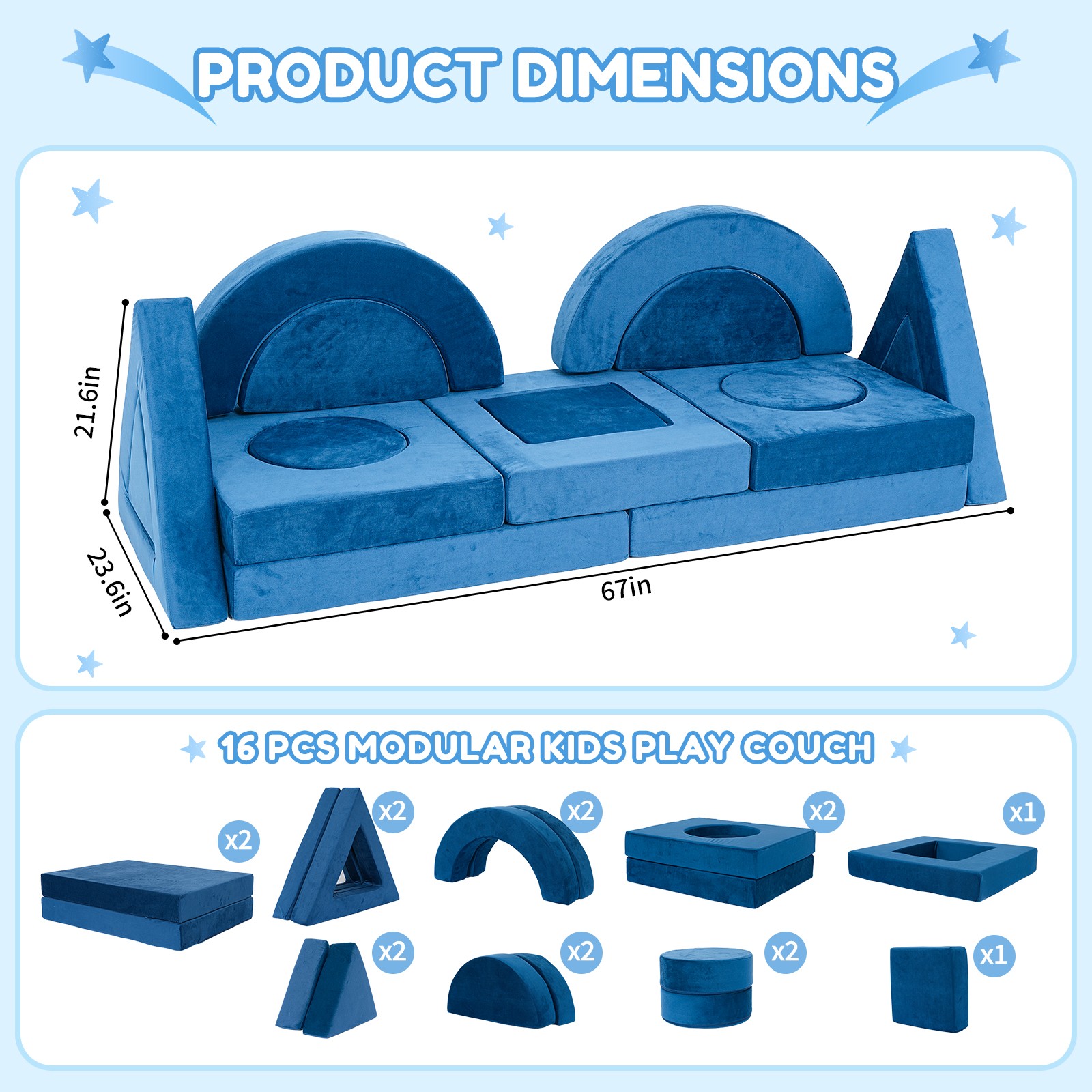 Kids Sofa Modular Children Couch Toddler Sofa Playroom Christmas Gift 16Pcs