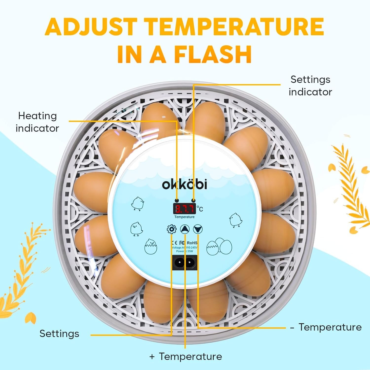 Incubators for Hatching Eggs 12 Egg Automatic Turner with Temperature Humidity