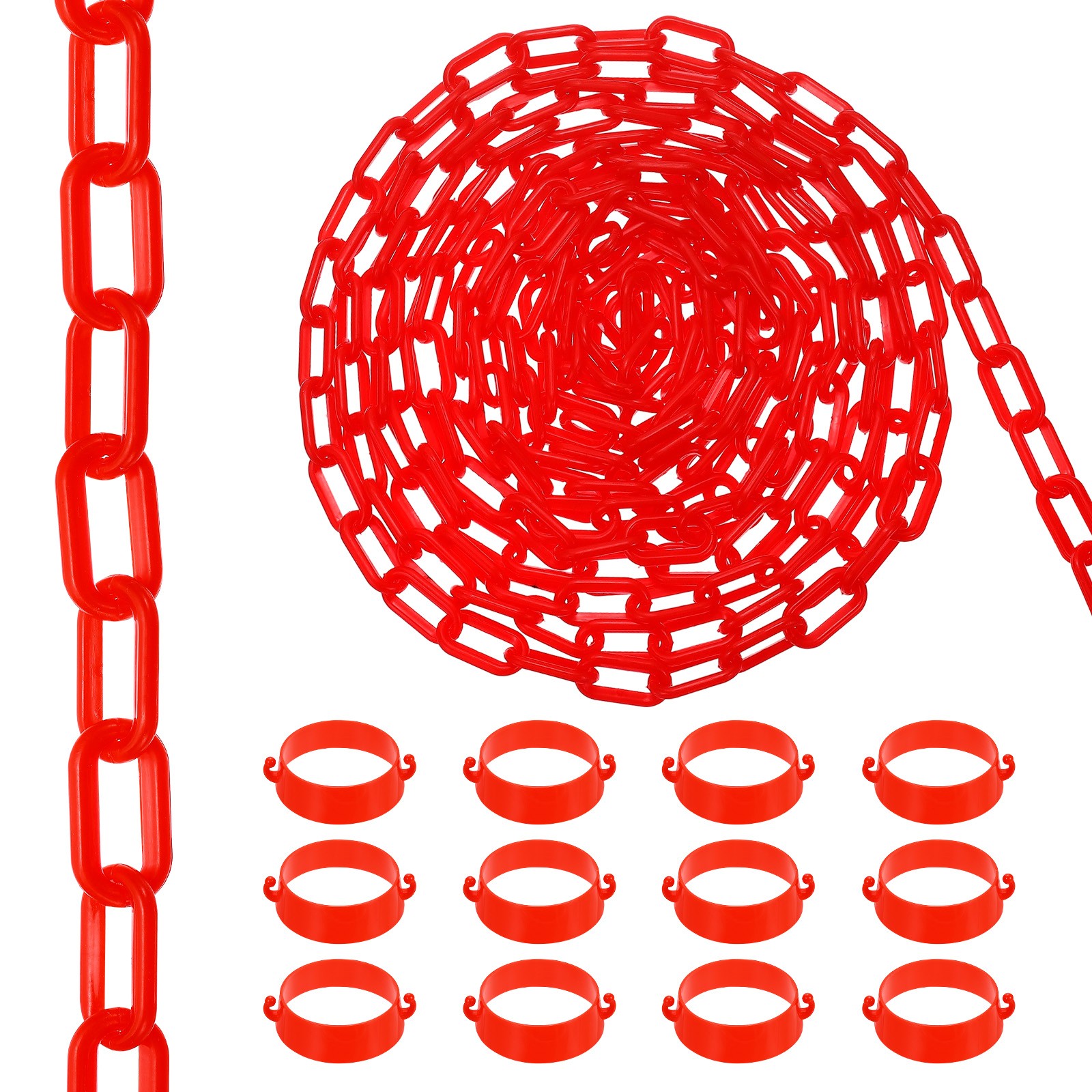 100Ft Plastic Chain Barrier, Link Chain Stanchion with Traffic Cones, Red
