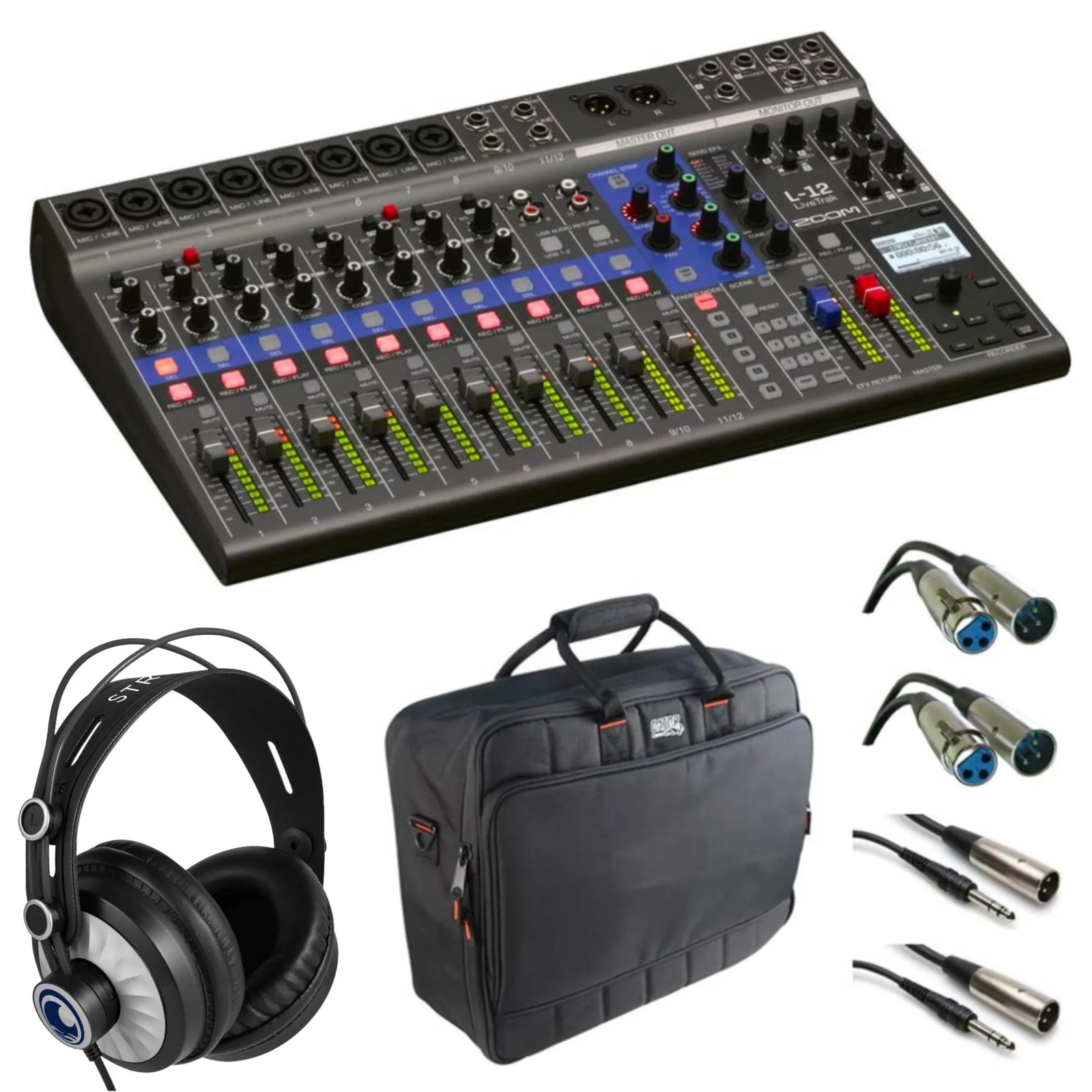 Zoom LiveTrak L-12 with Samson SR350 headphones, G-MIXERBAG-1815 and Cables