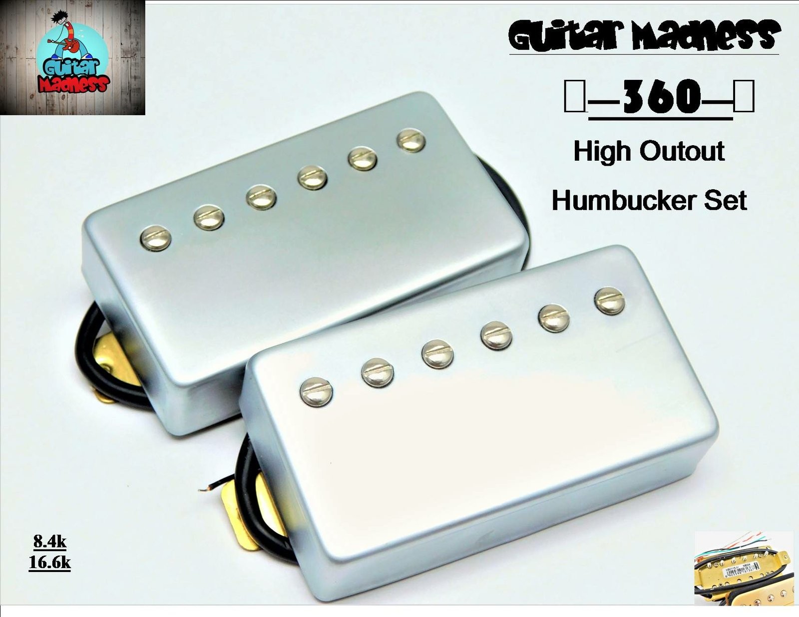 G.M. 360 High Output Humbucker Set Satin Chrome (Ceramic 8.4k, 16.6k)
