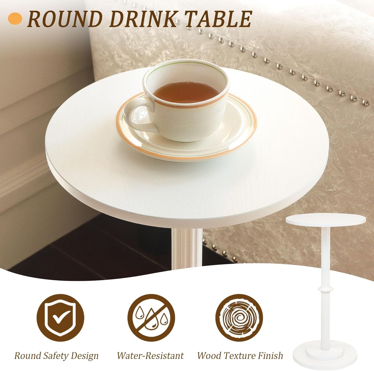 Drink Table Small Side Table Small Spaces Durable Round End Table W/ Fluted Wood