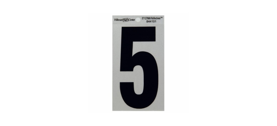 Adhesive House Address Number 5, Reflective Vinyl, Black and Silver, 5 In.