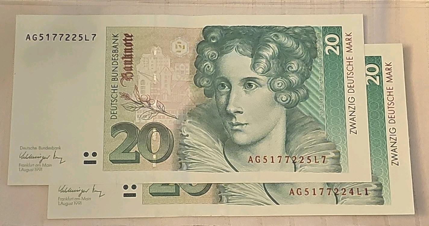 2 Consecutive Notes: Germany 20 Mark, 1991, P 39a, XF/aU