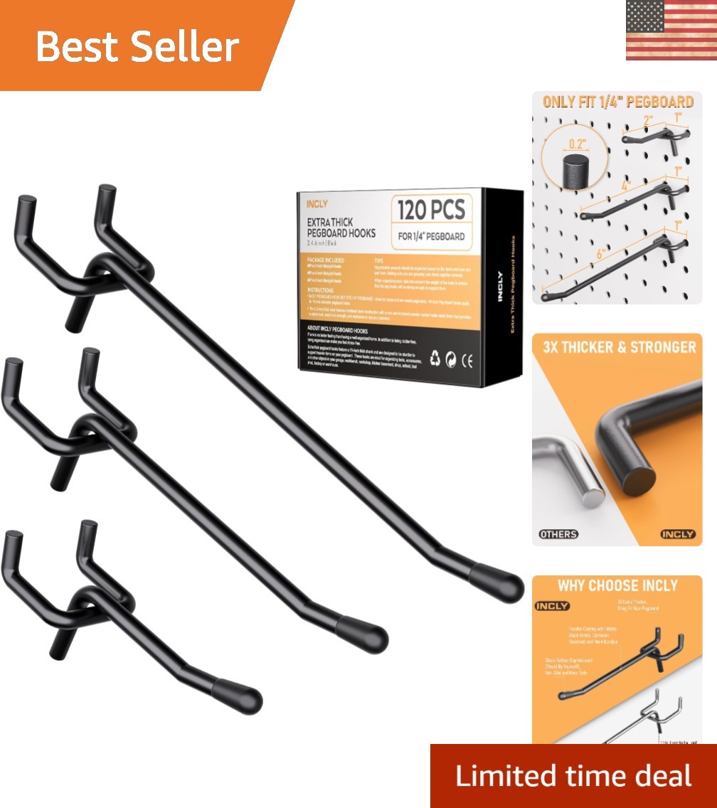 120 Pack Heavy Duty Pegboard Hooks, 2/4/6 Inch Black Tool Hangers for Garage