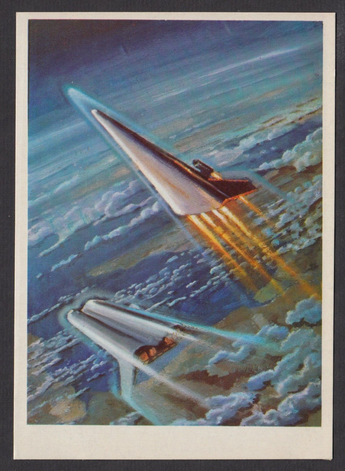 1975 Future Soviet Space Ship Rocket on long flight artwork Sokolov old postcard