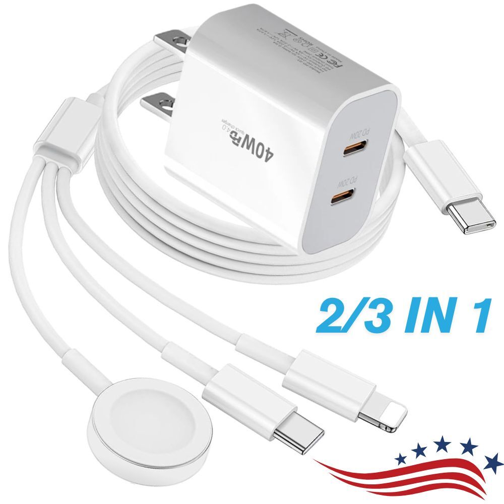 PD 40W Dual USB-C Fast Charger Type C Block 3 IN 1 For iPhone and iWatch Charger