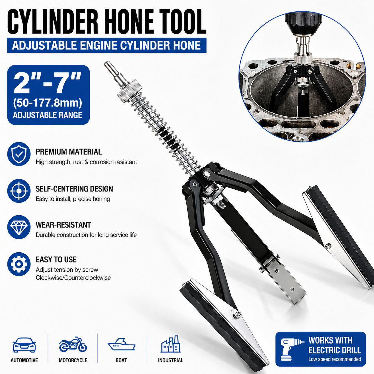 2"-7" Adjustable Cylinder Hone Tool 4in Stones 220 Grit Engine Bore Honing Cars
