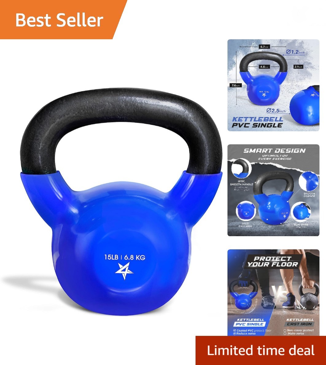 Kettlebell, 5-100 LB Vinyl Coated Cast Iron Strength Training Kettlebells for...