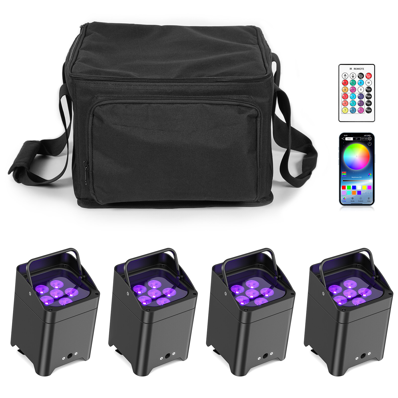 4PCS 6x18w RGBWA+UV Wifi APP Wireless LED Par Lights Battery DMX Remote Control