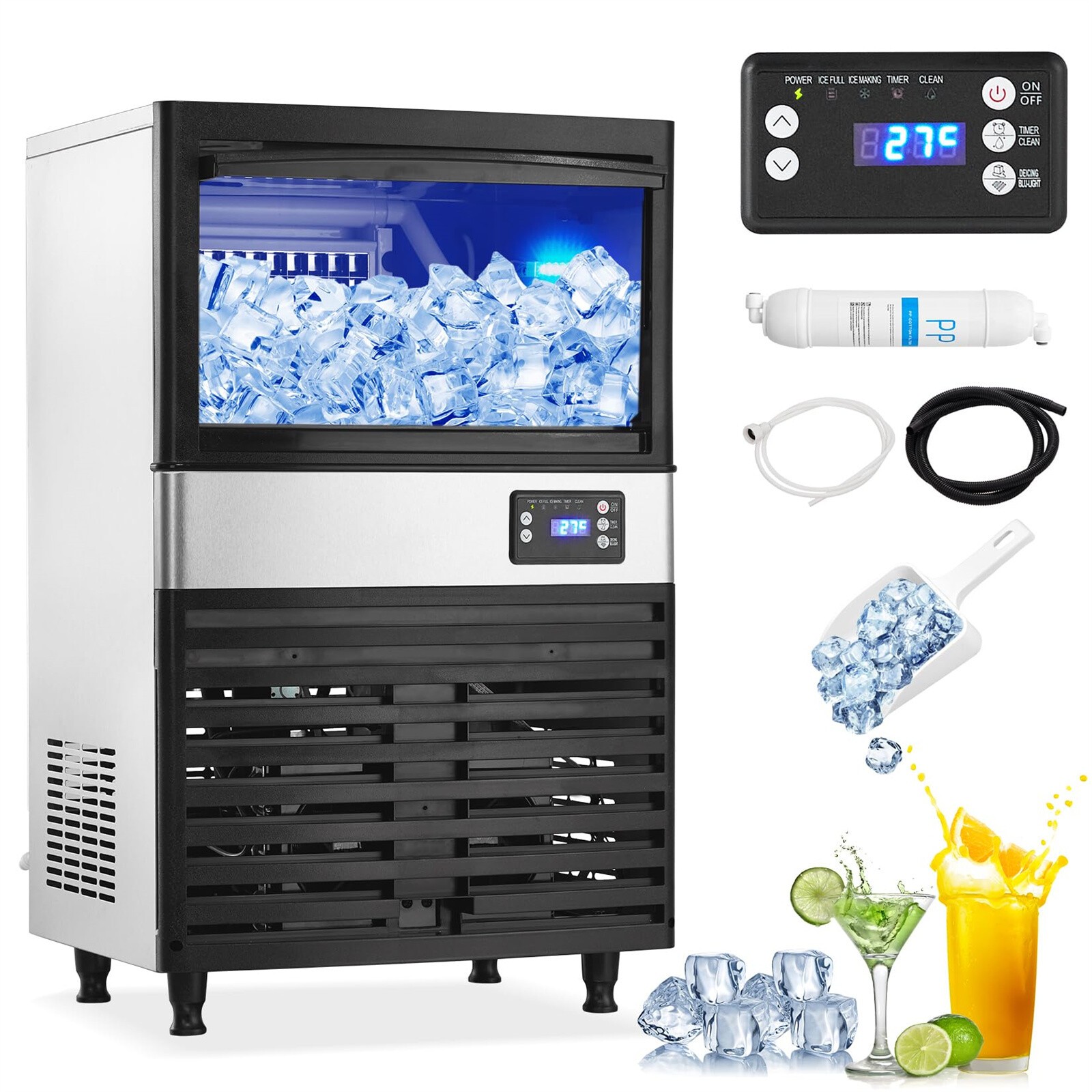 Commercial Ice Maker Machine 150Lbs/24H 27Lbs Automatic Cleaning Function