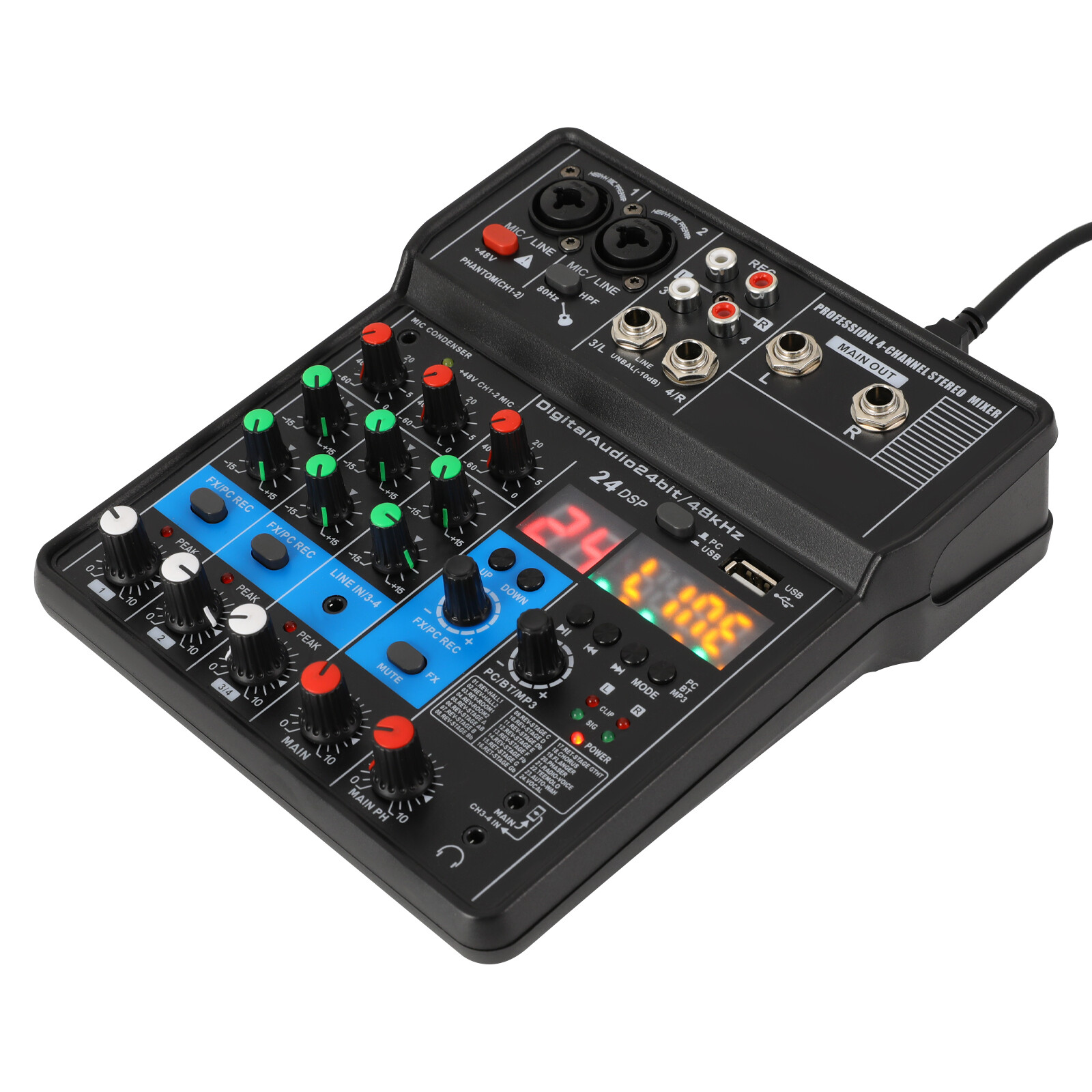 Mini Audio Mixer Bluetooth USB DJ Console 4 Channel Karaoke Live Studio 24 DSP