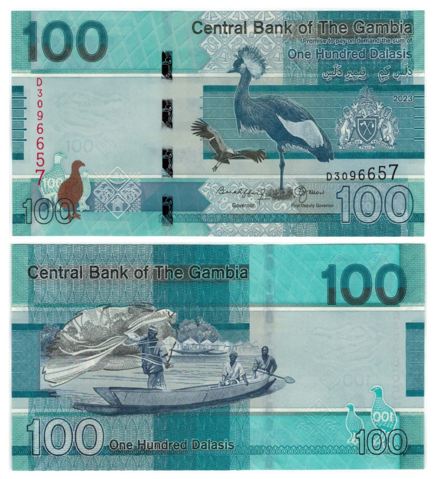 Gambia 100 Dalasi (2023) - Crested Crane/Net Fishing, p-41c, B239c UNC