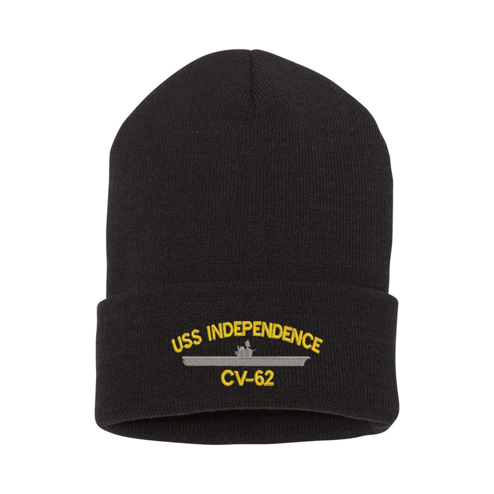 USS CV-62 embroidered black beanie hat, embroidered black cuff beanie