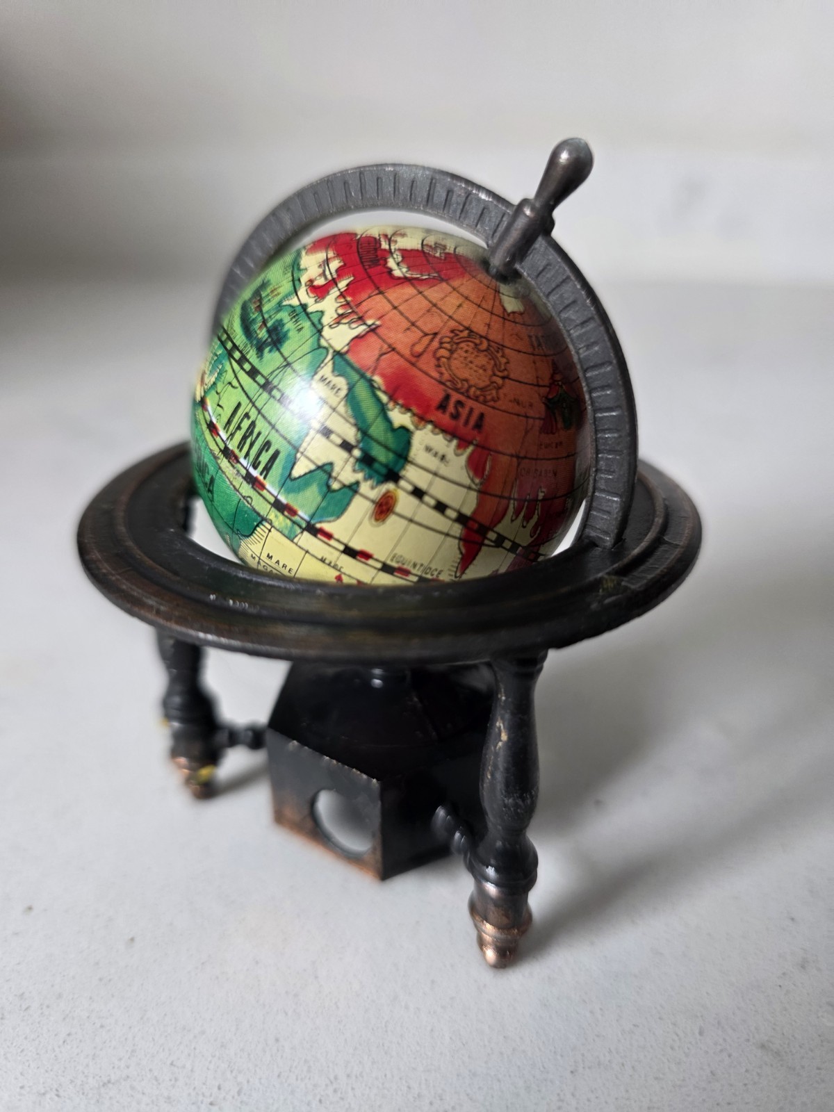 Vintage MCM 3.5" Metal World Globe Pencil Sharpener Collectible Desk Accessory